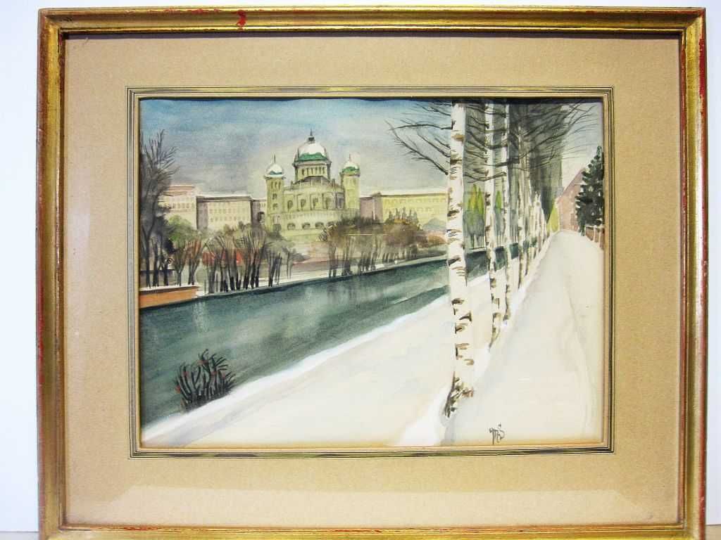 antiga aquarela - Paisagem de inverno - assinada