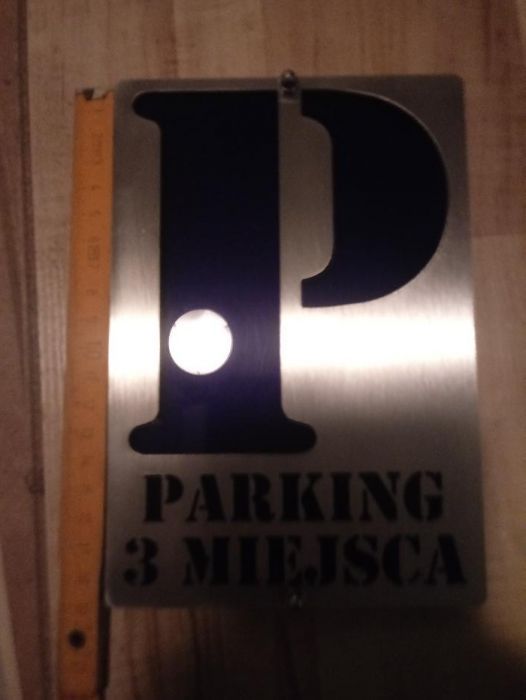 Tabliczka PARKING nierdzewna + niebieskie plexi