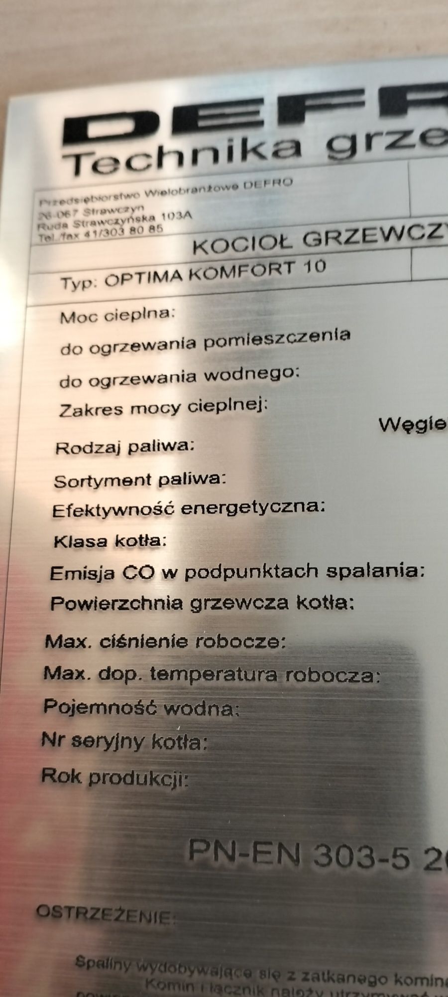Tabliczka znamionowa pieca kotła wtórnik