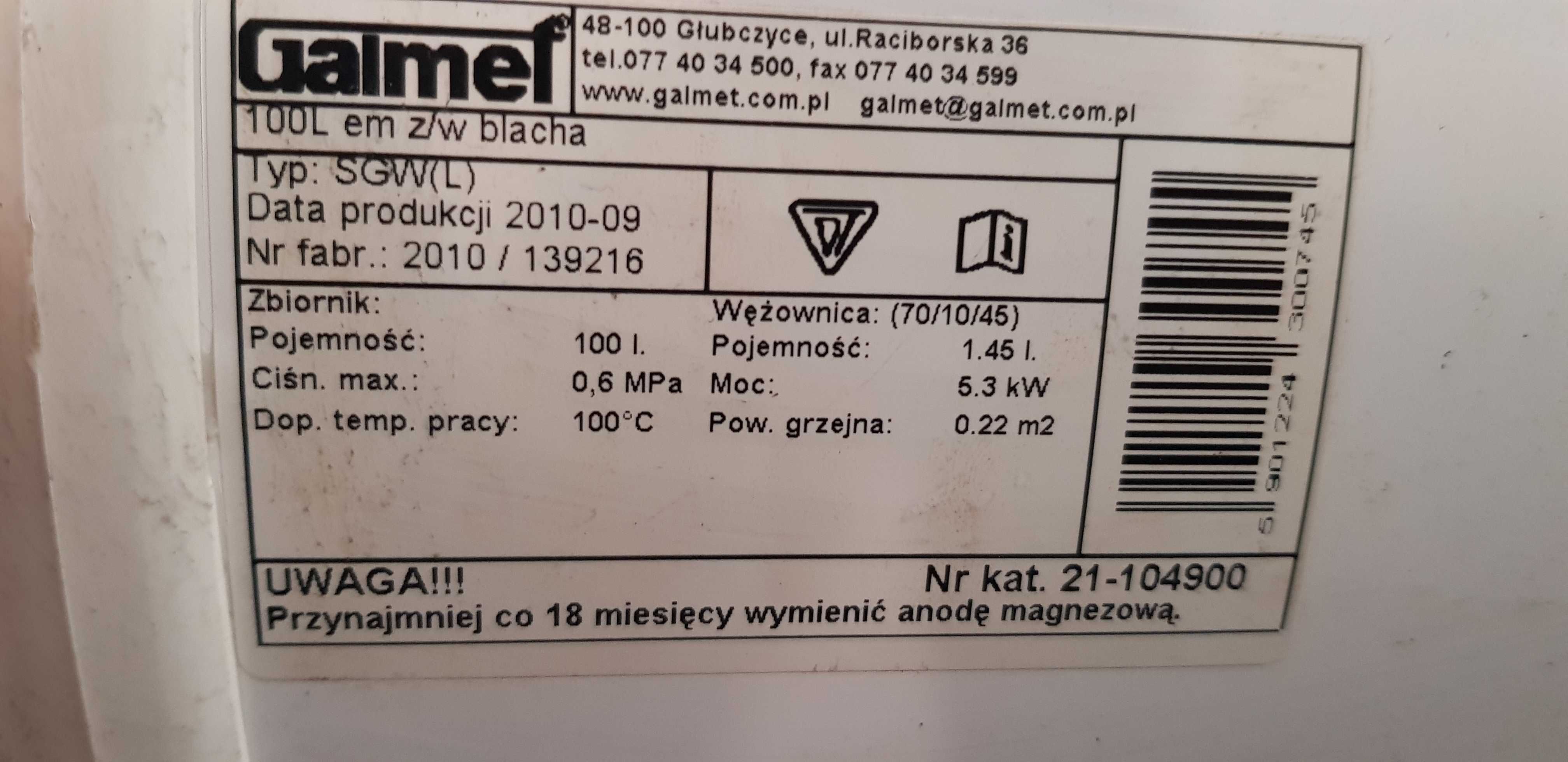 Boiler 100l Galmet z grzałką elektryczną