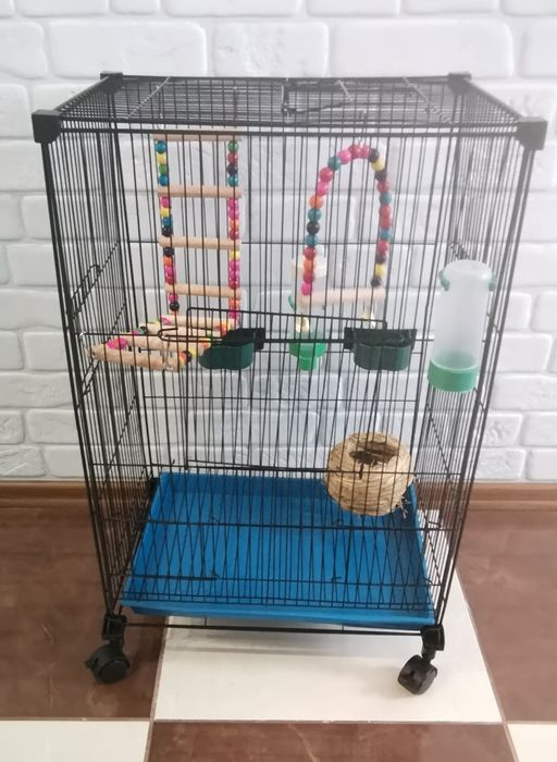 Klatka dla papug z wyposażeniem – poidełka, zabawki, kółka