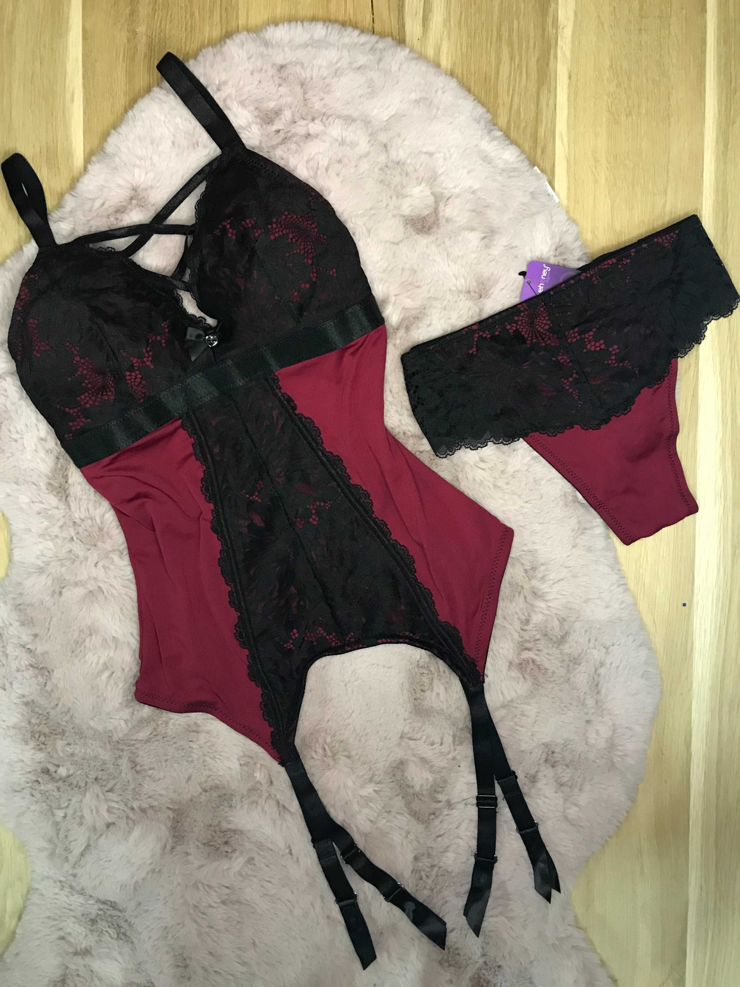 L / XL miękki GORSET + majtki bordo koronka sexy komplet bielizny