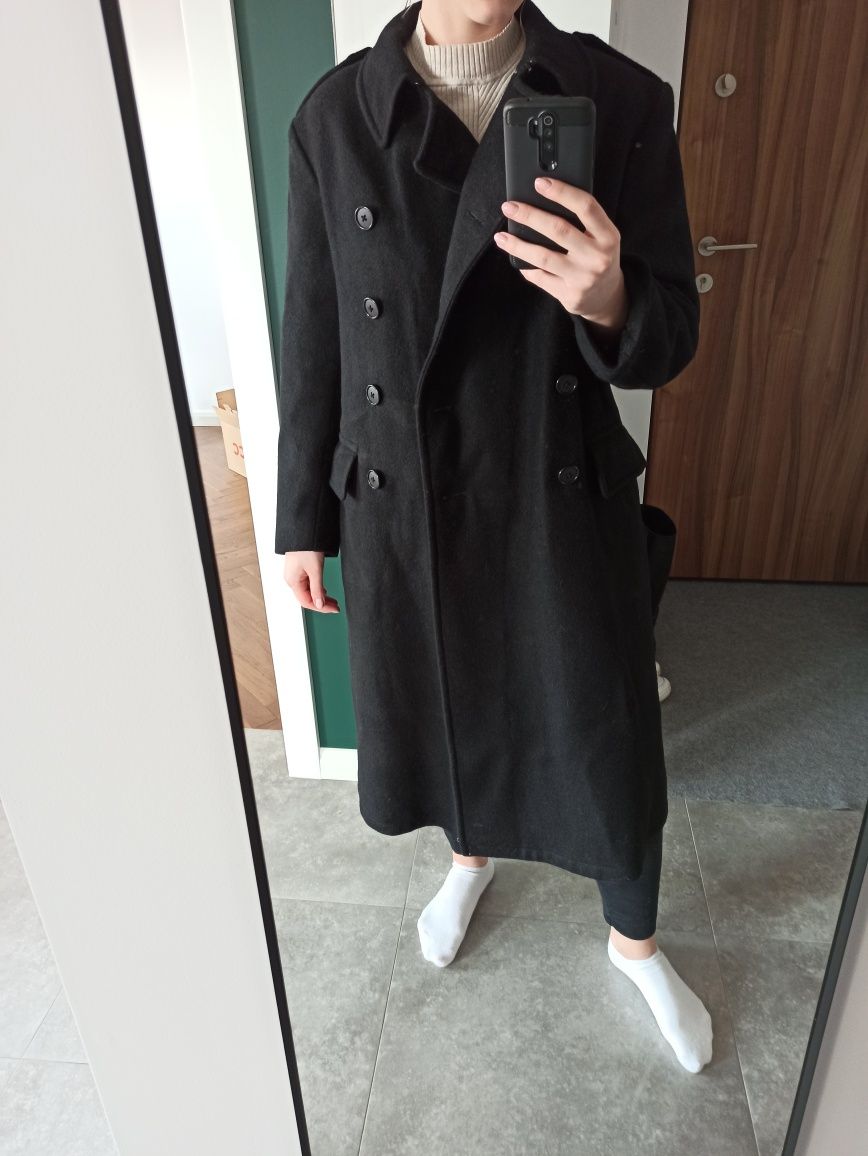 Czarny wełniany płaszcz dwurzędowy unisex porządny ciepły oversize