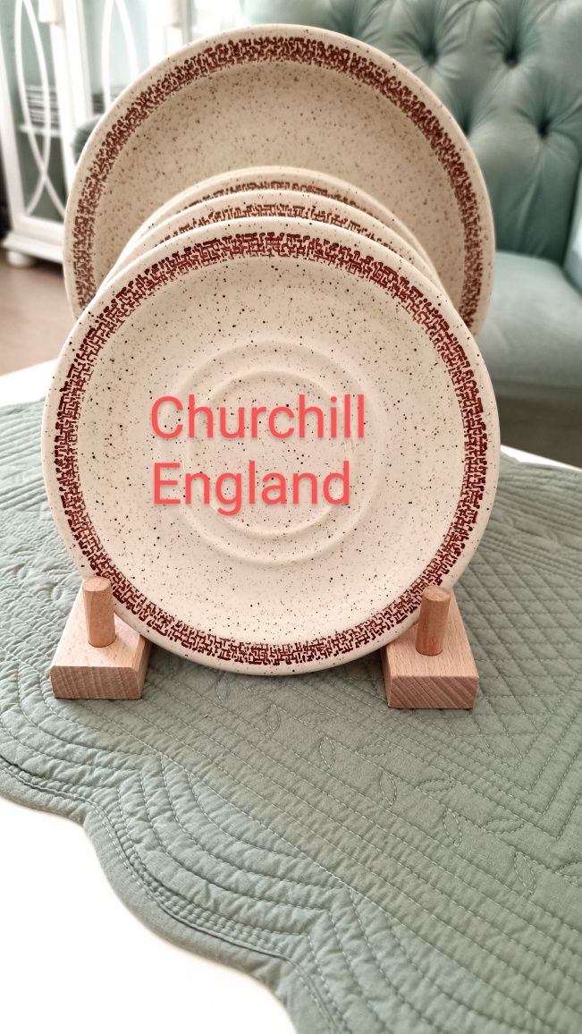Talerze nakrapiane beż brąz boho vintage Churchill England