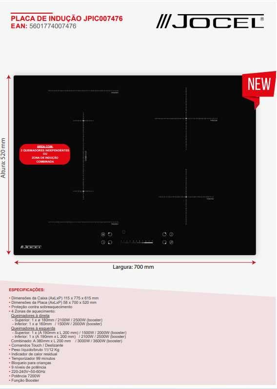Placa de Indução 70 cm - 4 zonas - Jocel