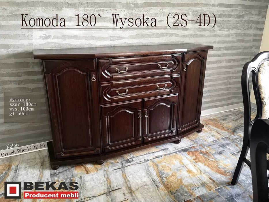 Wysoka Stylowa Komoda 180` (2S-4D) ORZECH Włoski Dąb BEKAS PRODUCENT