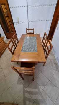 Mesa em madeira de castanho + 6 cadeiras + 2 bancos