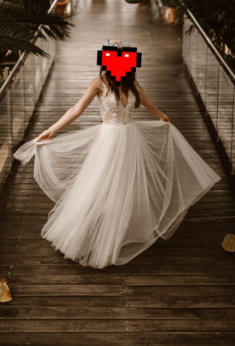 Suknia ślubna koronka tiul XS zwiewna lekka ecru