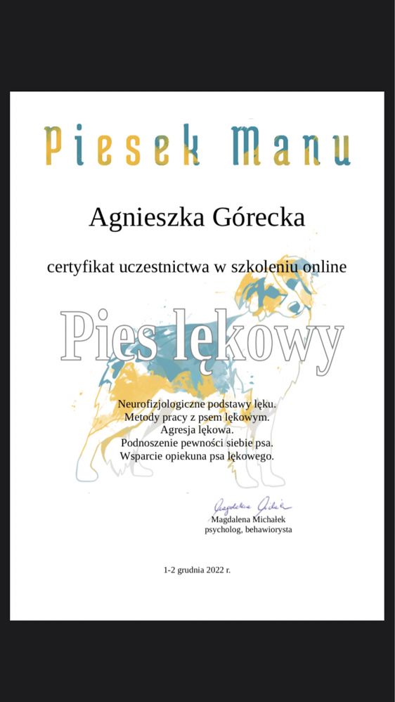 Behawiorysta zwierząt towarzyszacych COAPE, instruktor nosework