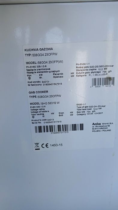 Kuchnia gazowa wolnostojąca biała Amica