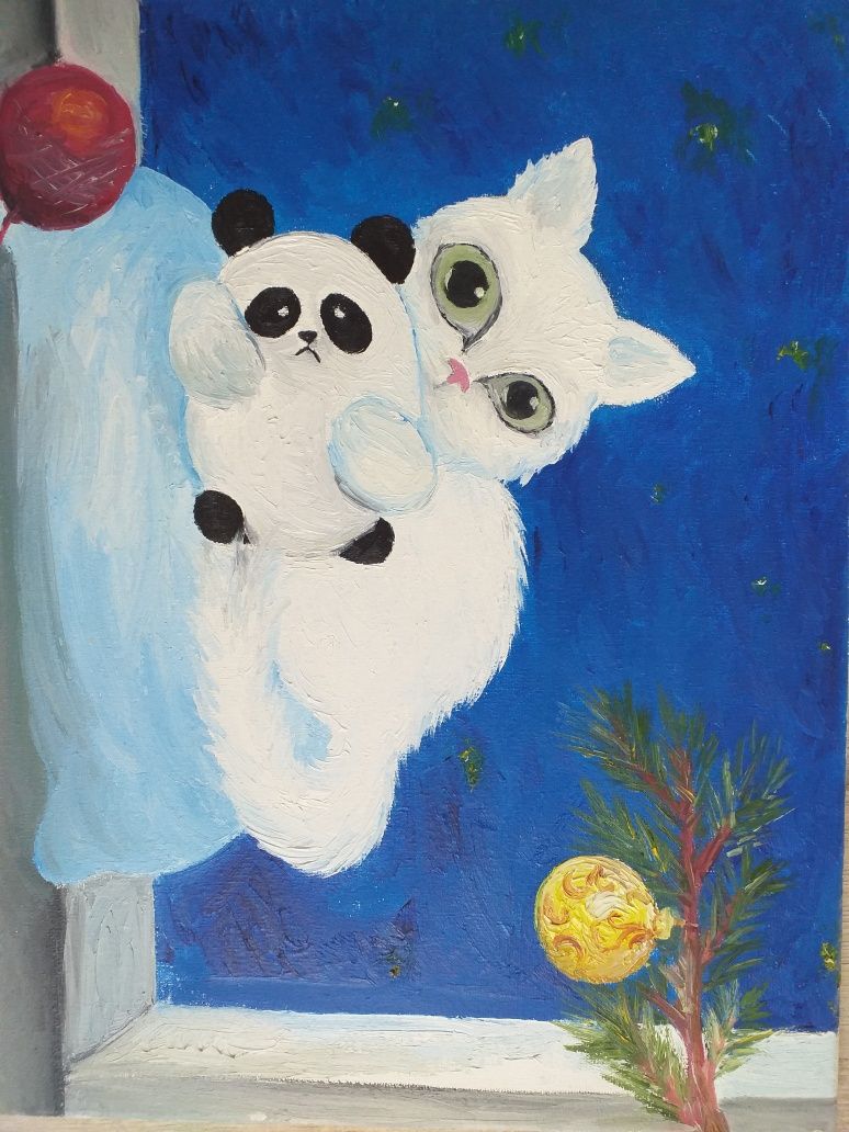 Картина маслом 40×30 см, білий котик