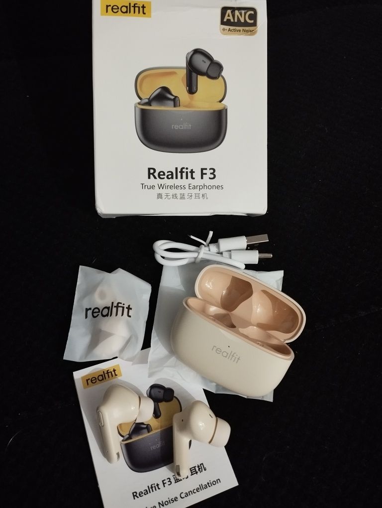 Nowe słuchawki bluetooth ANC ENC bezprzewodowe - beżowe