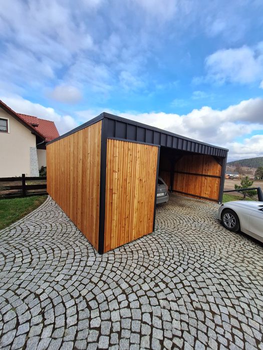 Garaż Carport Duża wiata samochodowa Modrzew duoromb elewacja nowoczes