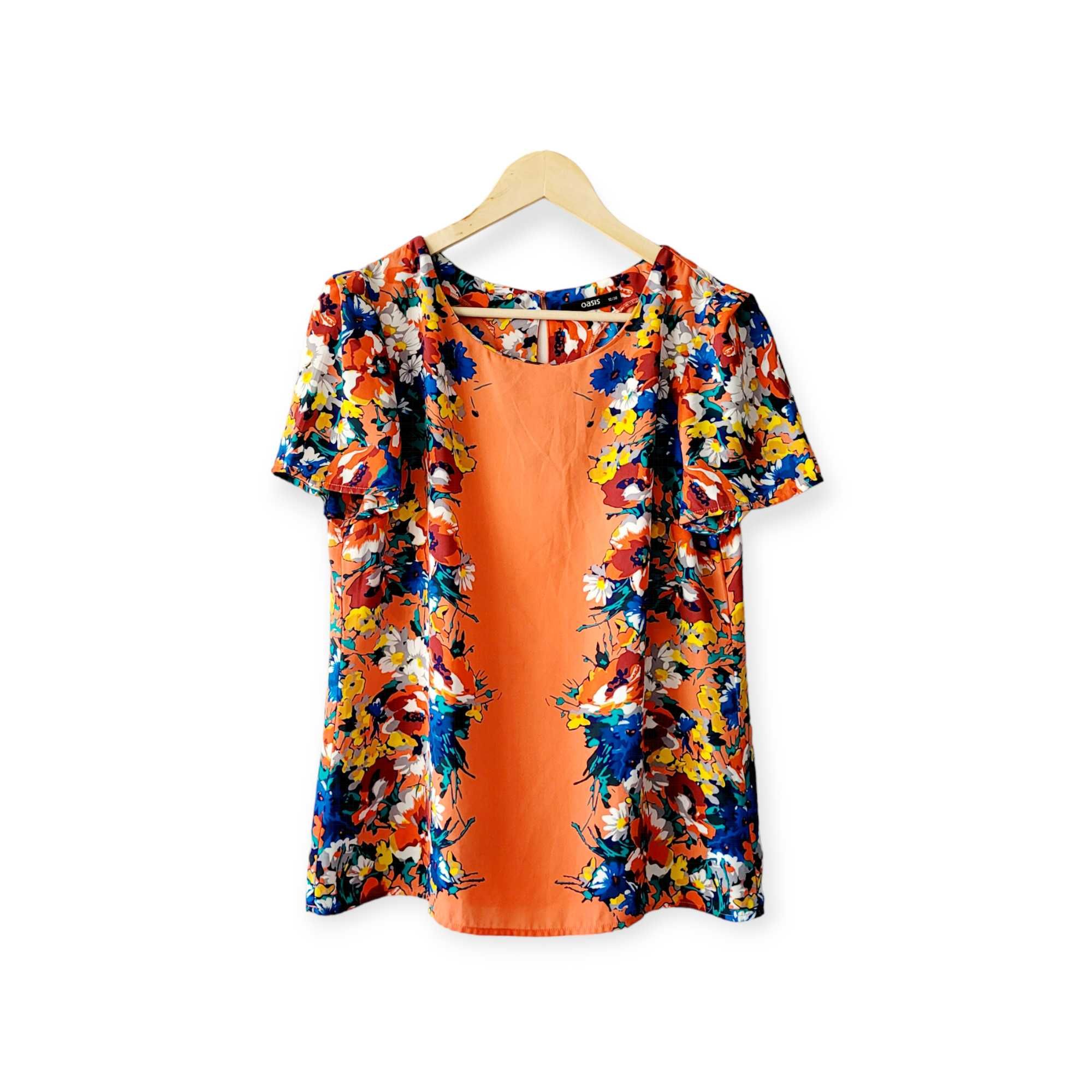 Pomarańczowa zwiewna bluzka damska M w kwiaty koszulka top boho lato