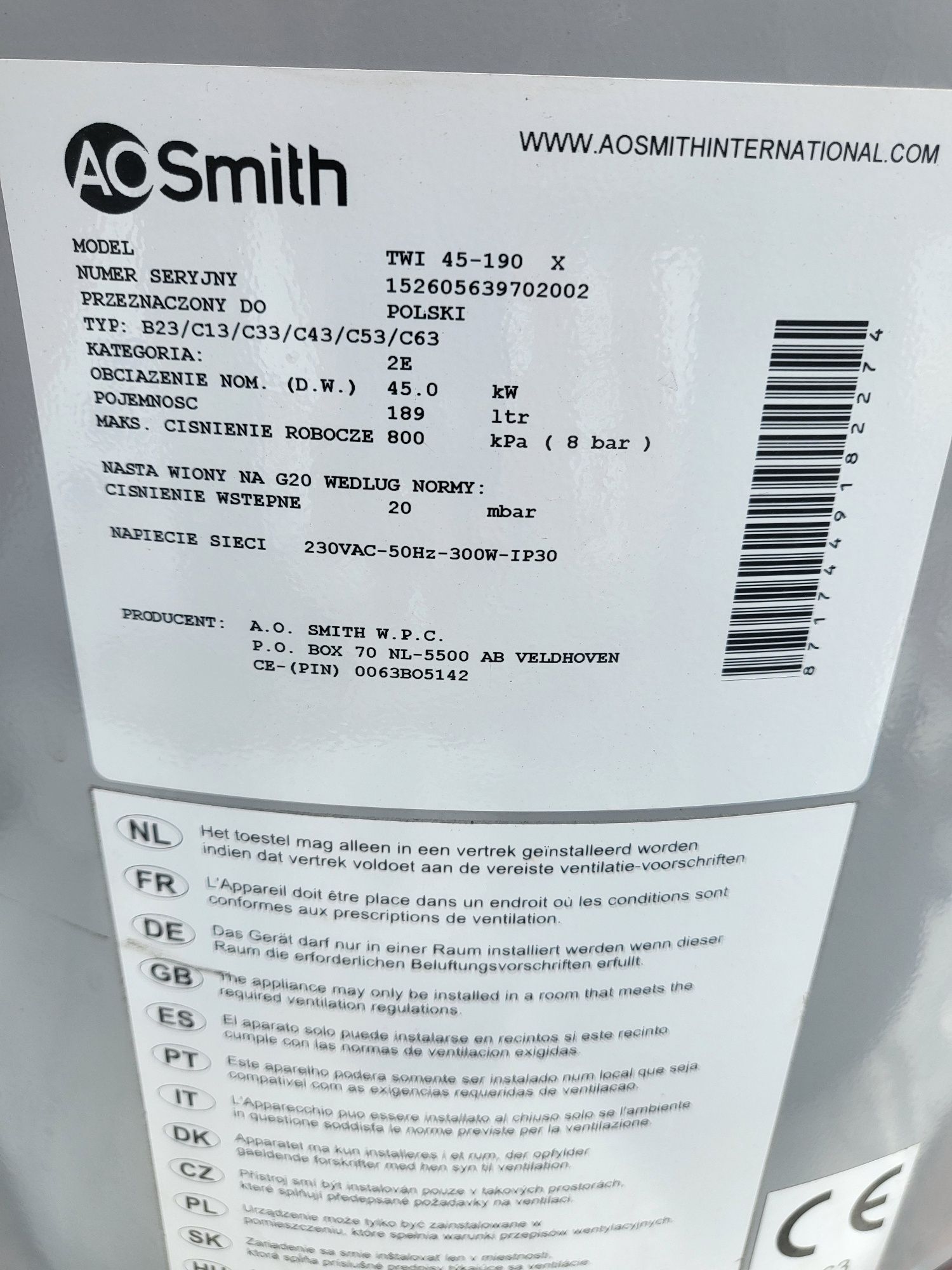 Boiler gazowy 200 l  ao smiht twi 45- 190 45kw nierdzewny cwu