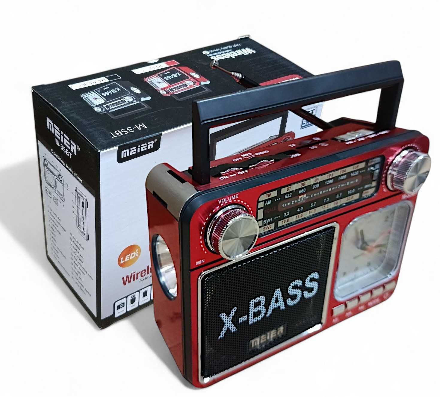 Radio z zegarem i latarką bluetooth MP3 USB czerwony Meier M-35BT