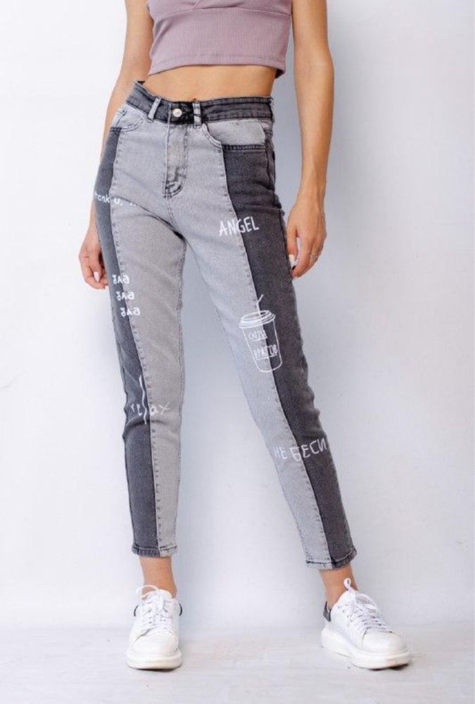 Новые Двухцветные джинсы МОМ «Не беси»
