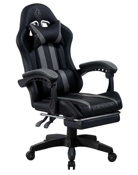 FOTEL GAMINGOWY HORSEKING z podnóźkiem obrotowy  do gry krzesło szary