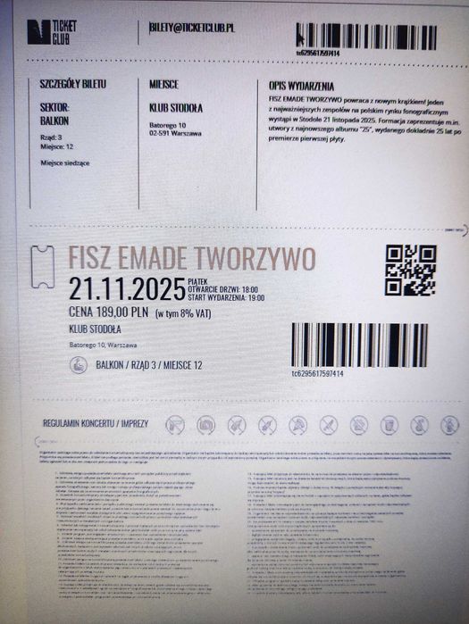 2 bilety Fish Emade Tworzywo w Stodole 21 listopada