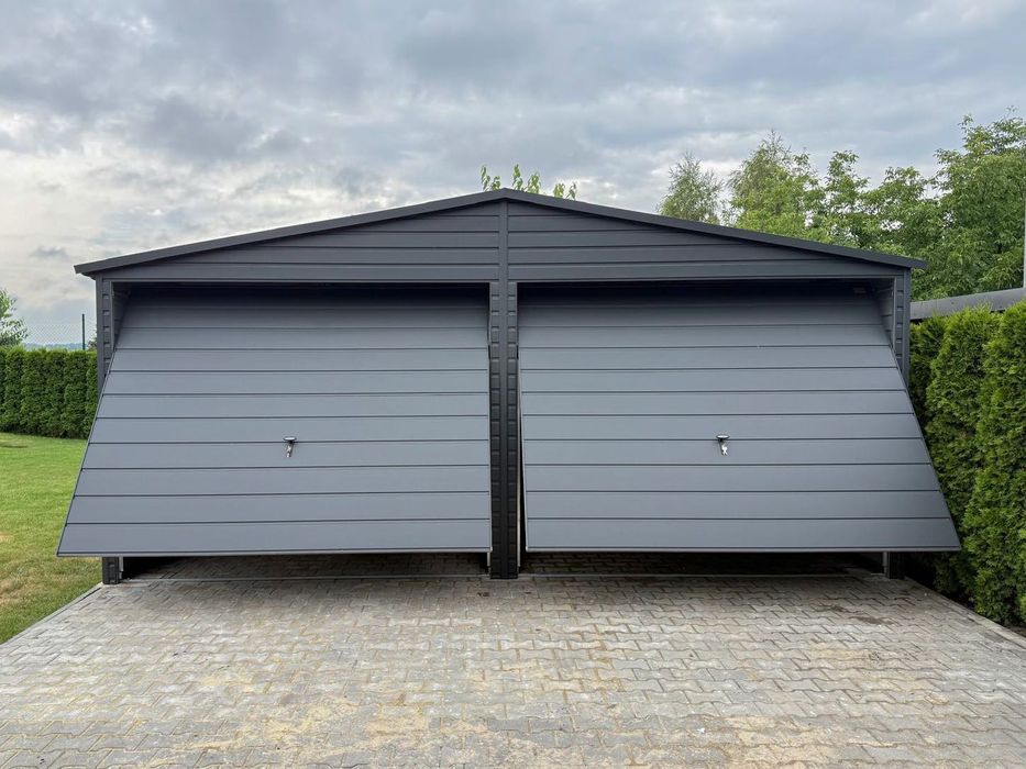 garaż blaszany 6x6 6x5 dwuspadowy brama uchylna grafit mat