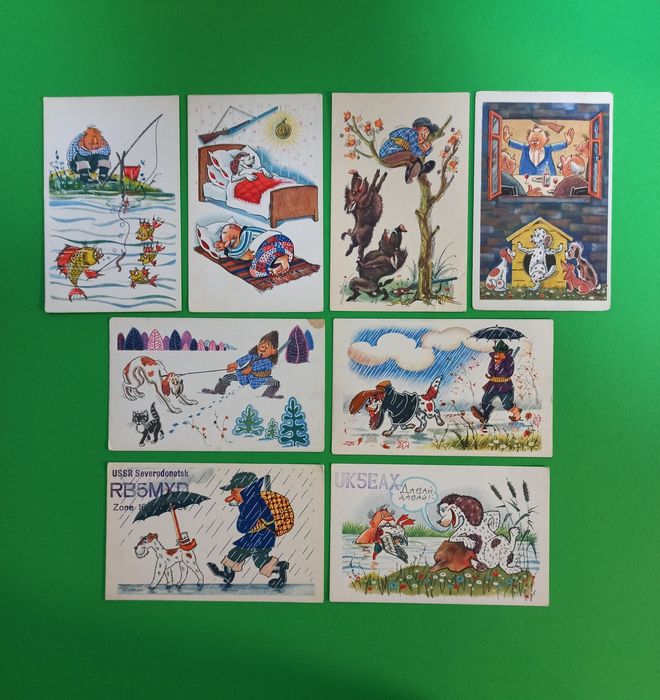 Комплект открытки винтажные, серия про охотника, 1968г
