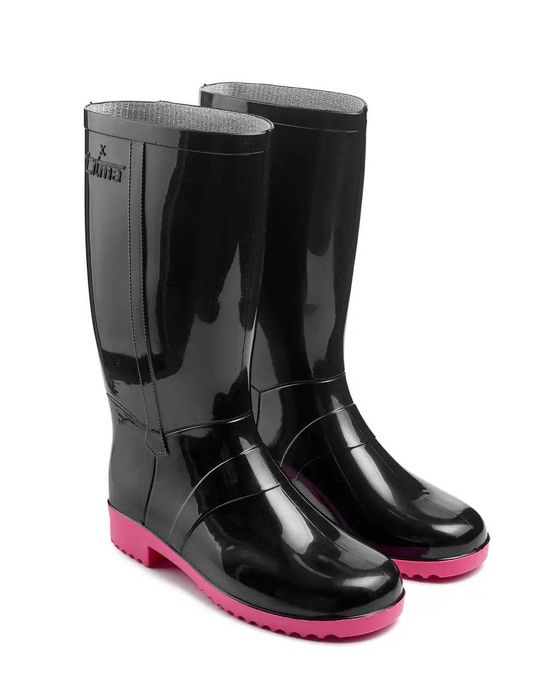 Жіночі гумові чоботи. Чорні/рожева підошва