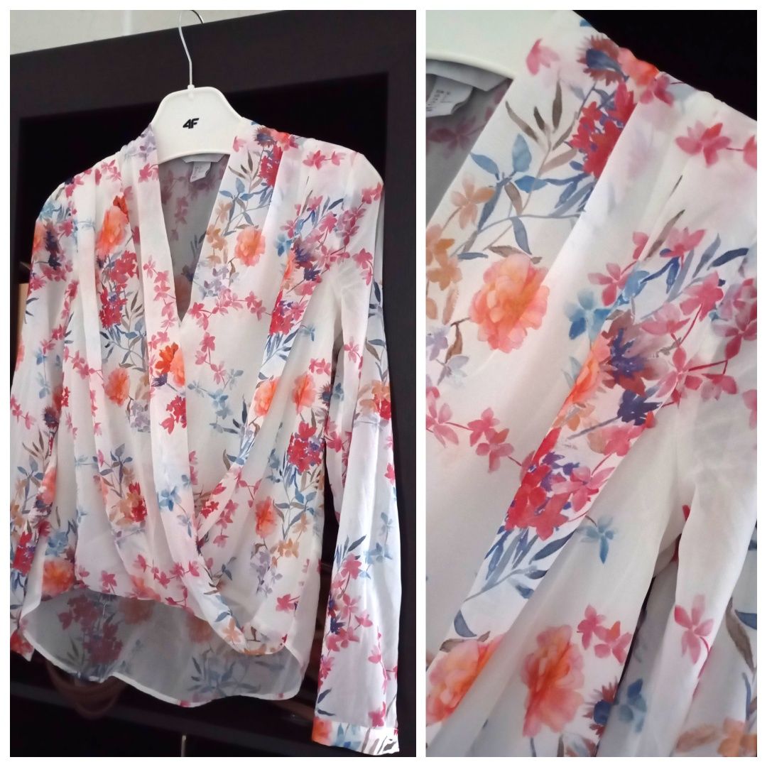 H&M XXS-S piękna bluzka na wiosnę z akwarelowym rysunkiem w kwiaty