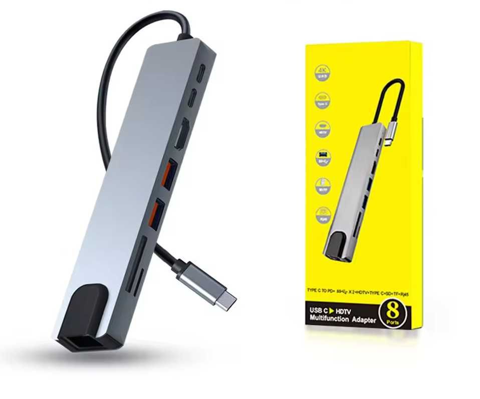 Hub 8в1 Адаптер Usb-A Type-С HDMI PD Хаб 8-in-2 SD TF RJ45 macbook 4K