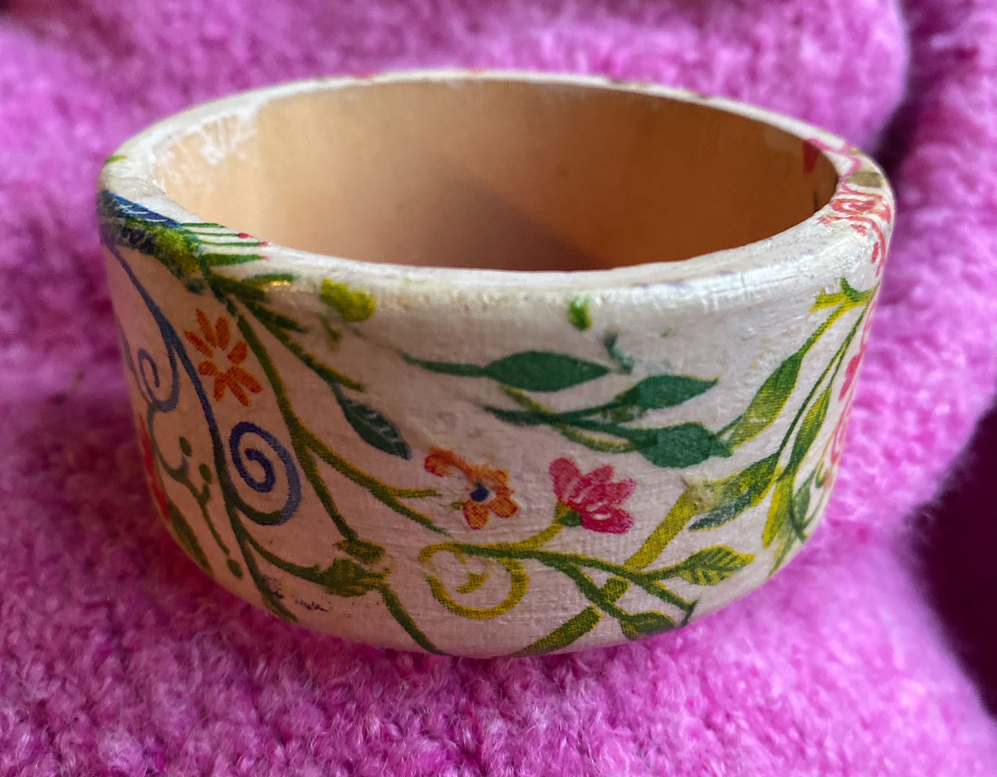 Drewniana bransoletka handmade decoupage ptaki ptaszki kwiaty floral