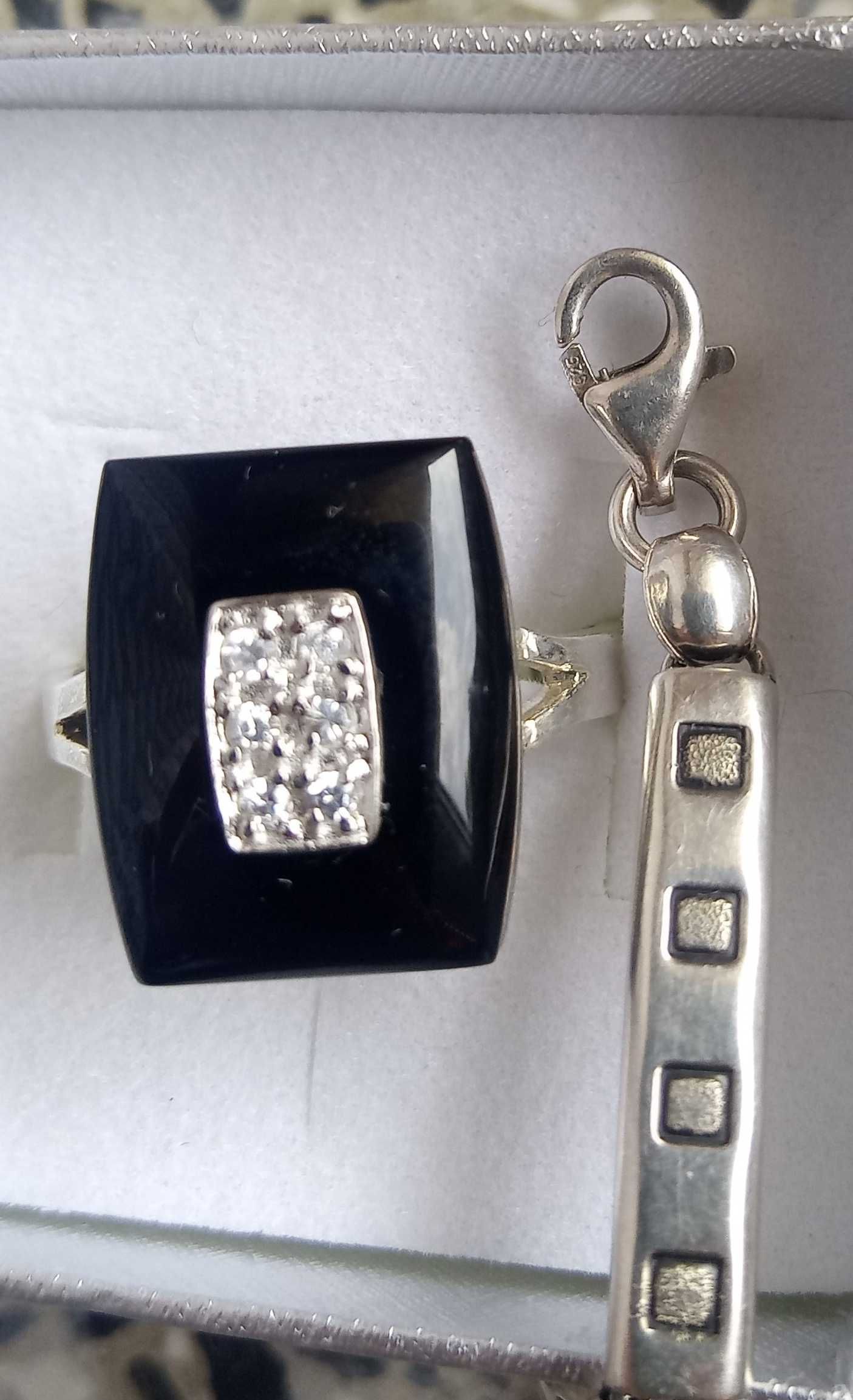 srebrny komplet pierścionek onyks, cyrkonie + bransoletka srebro 925