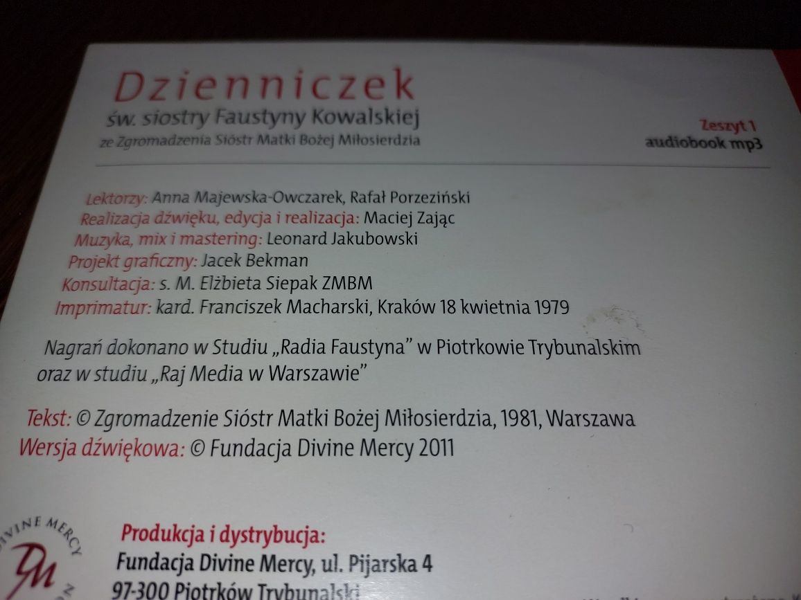 Płyta CD Dzienniczek siostry Faustyny Kowalskiej AUDIOBOOK mp3 Mercy