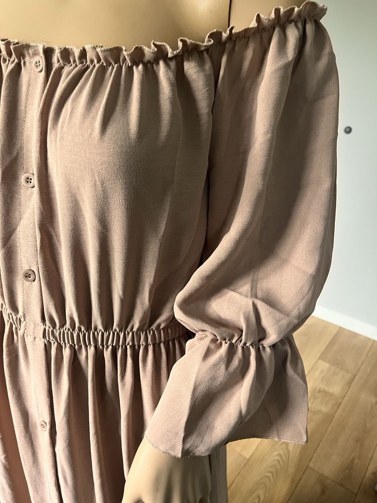 Suknia do sesji ciążowej boho kawa z mlekiem rozpinana XL beżowa