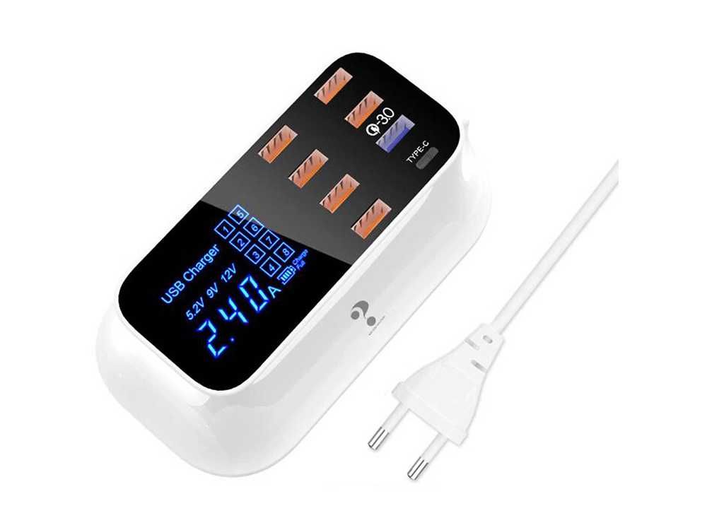 Szybka ładowarka do telefonu 8xUSB QC 3.0 TYP C biurkowa SIECIOWA LCD