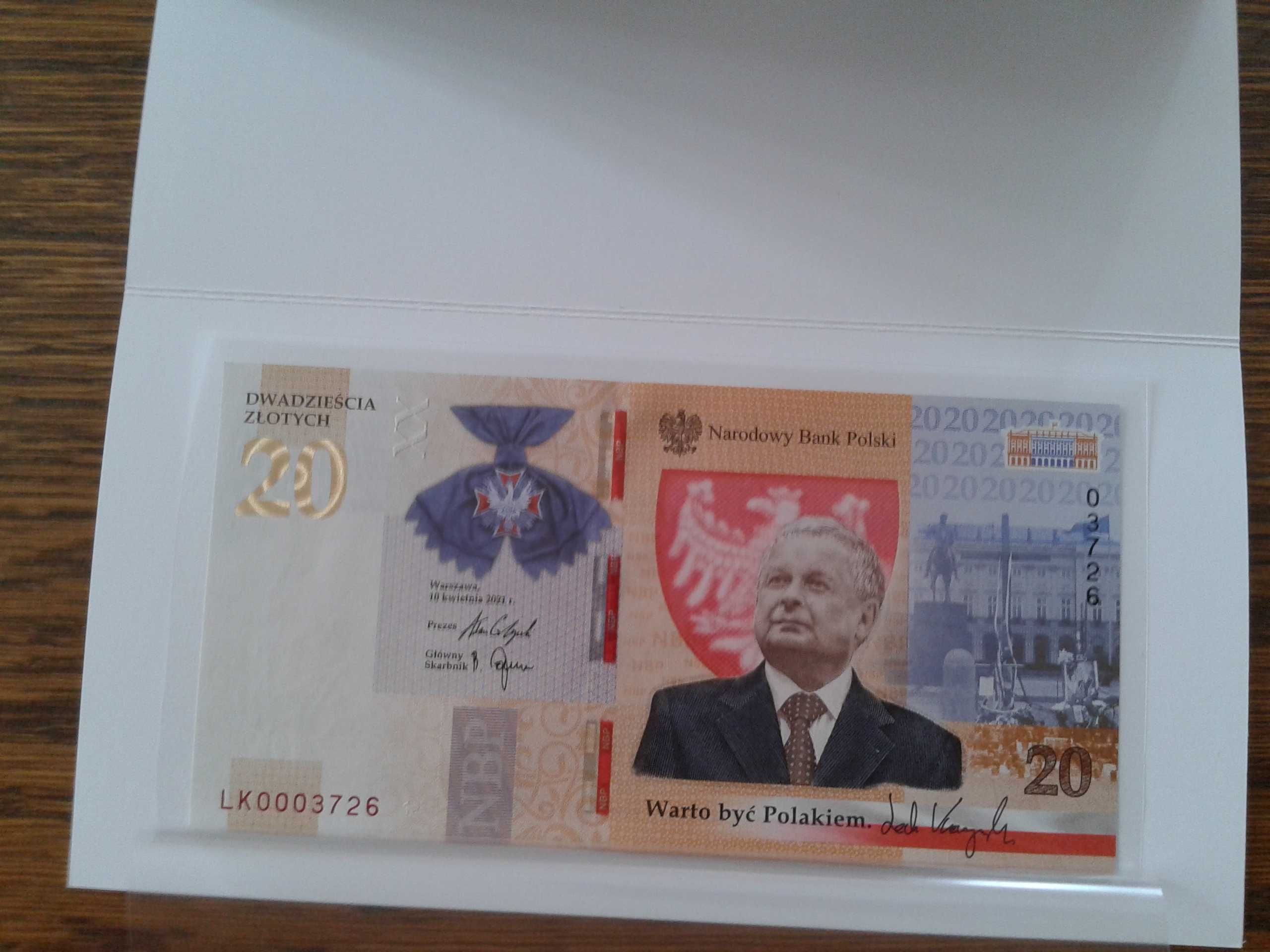 banknot kolekcjonerski- 20 zł Lech Kaczyński - 2021 - niski numer