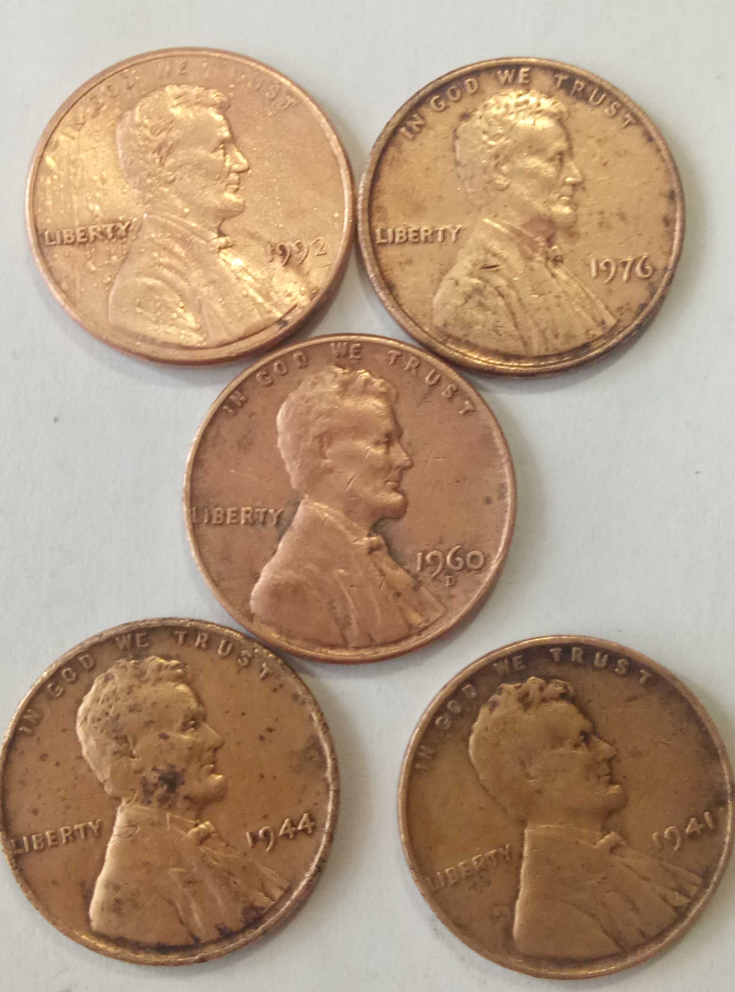 Монеты один цент разные года раритет  -  пять единиц