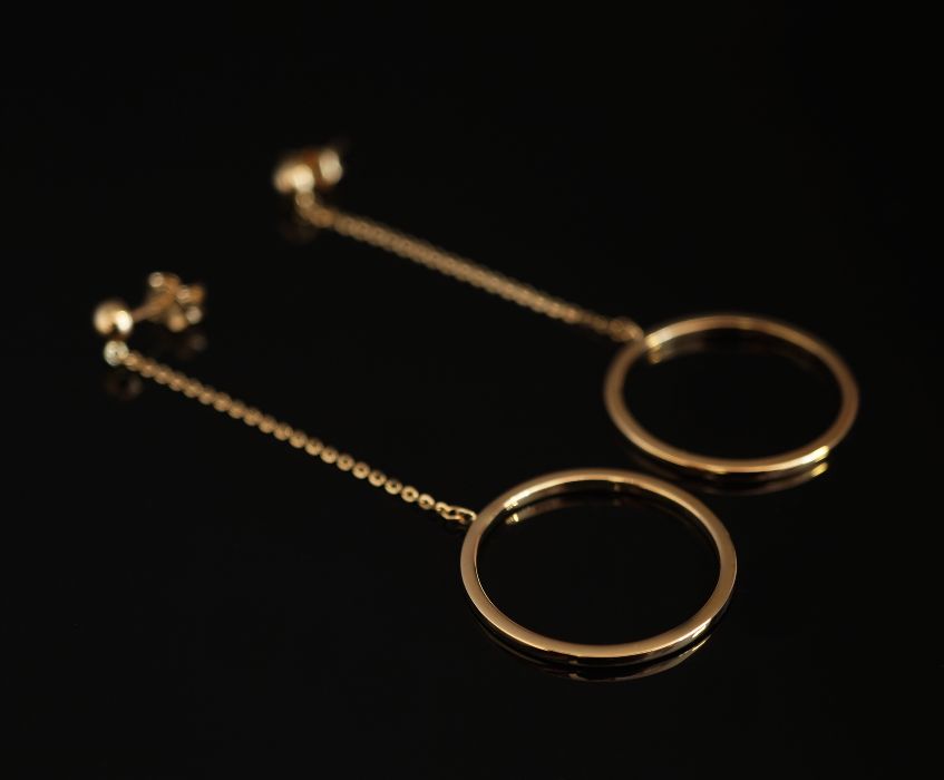 Złoto 585-złote kolczyki wiszące kółka na łańcuszku