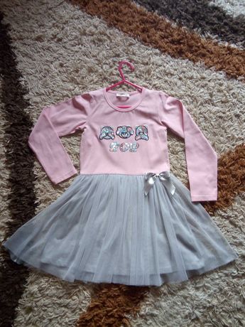 Sukienka tiul cekiny różowo - szara Cudo r 128