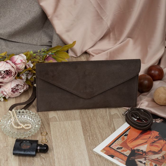 VERA PELLE torebka zamszowa kopertówka listonoszka V646 c.brązowa