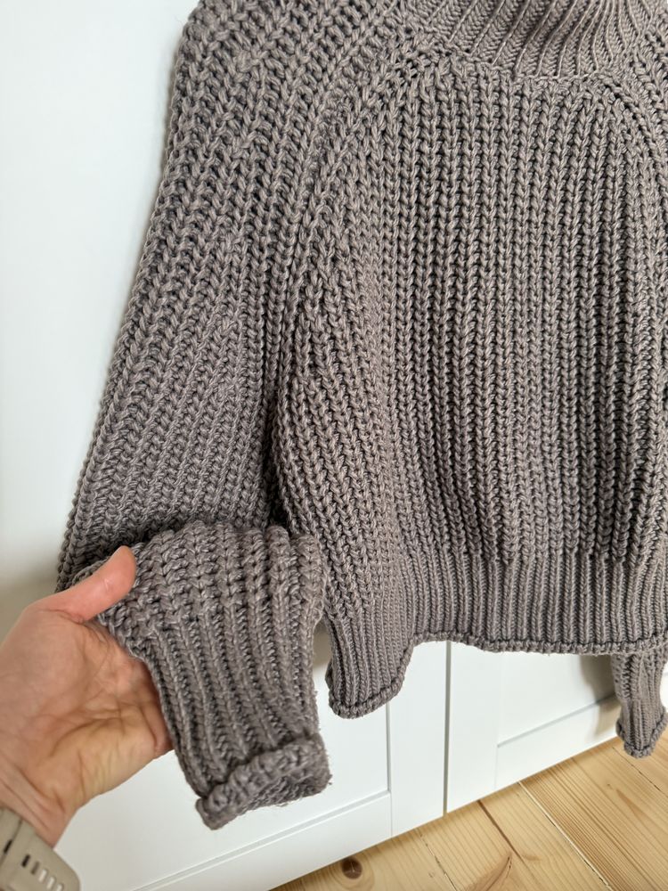 Gruby sweter H&M S/36 khaki polgolf