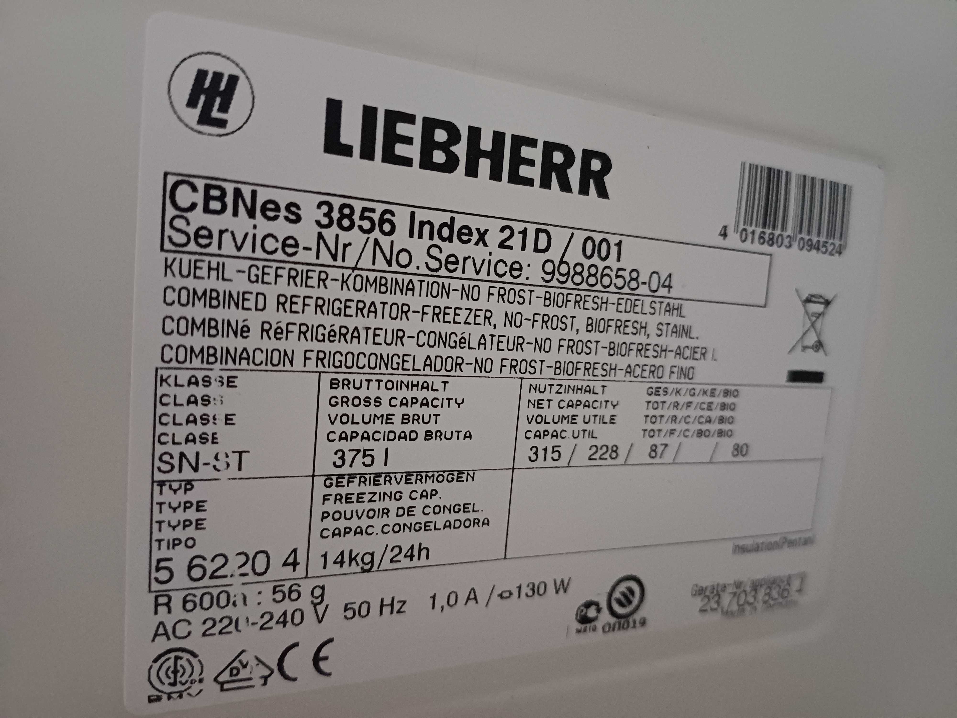 Lodówka lodówko-zamrażarka LIEBHERR CBNes 3856 Index 21D A++