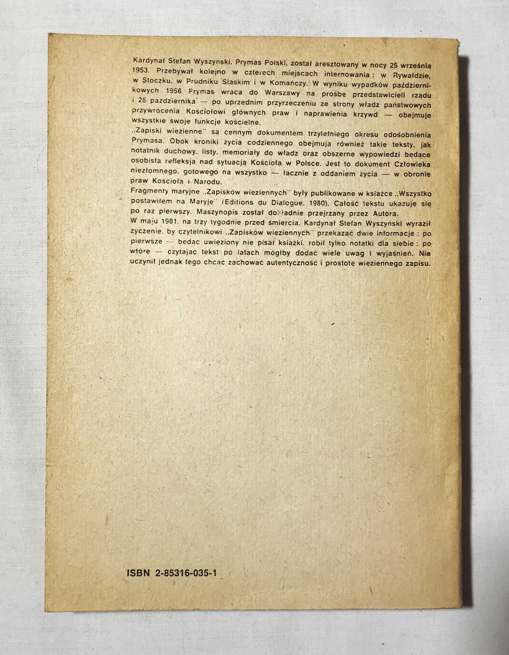 książka zapiski więzienne stefan wyszyński wyd. podziemne 1982 r.