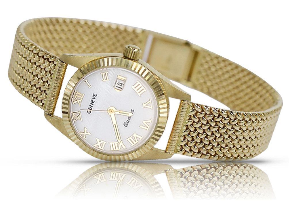 Złoty zegarek damski 14k Geneve z perłową tarczą lw020ydpr&lbw003y Wr