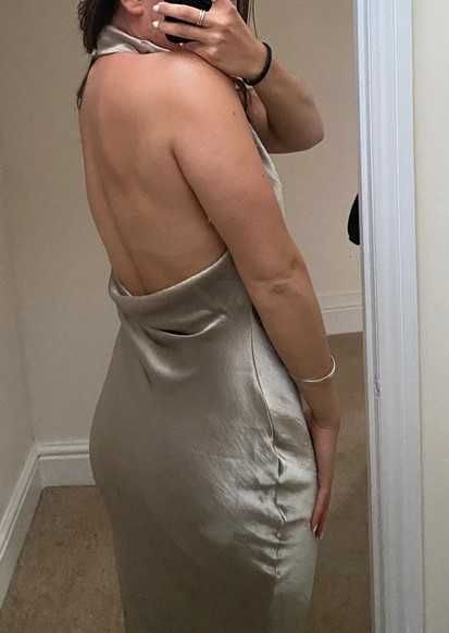 Metaliczna srebrna sukienka połyskująca  midi dekolt halter 36 asos
