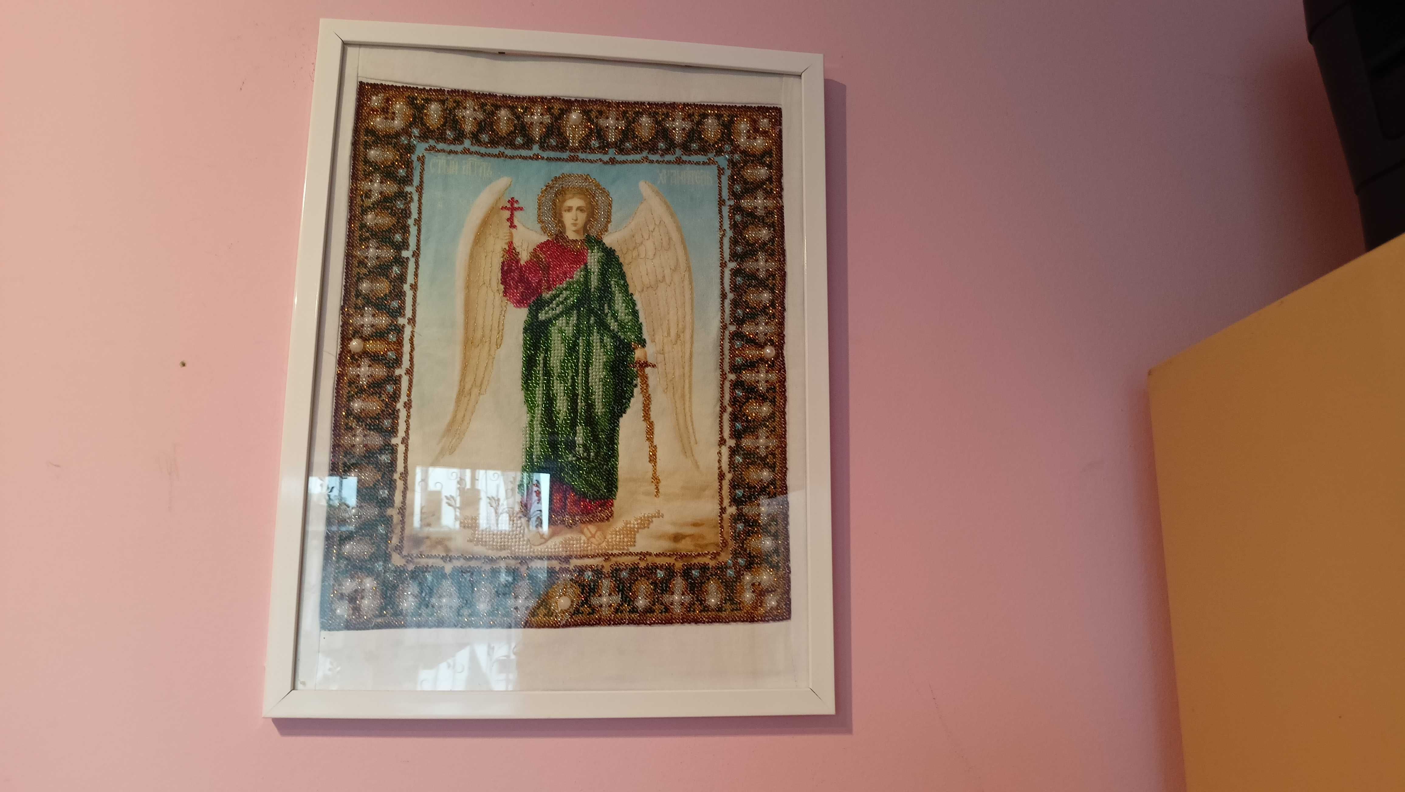 Obraz, ikona Archanioł, haft, naturalne perełki, 43 x 34, rękodzieło