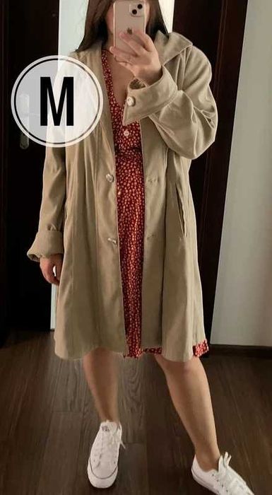 Klasyczny długi beżowy płaszcz trencz damski vintage M 38