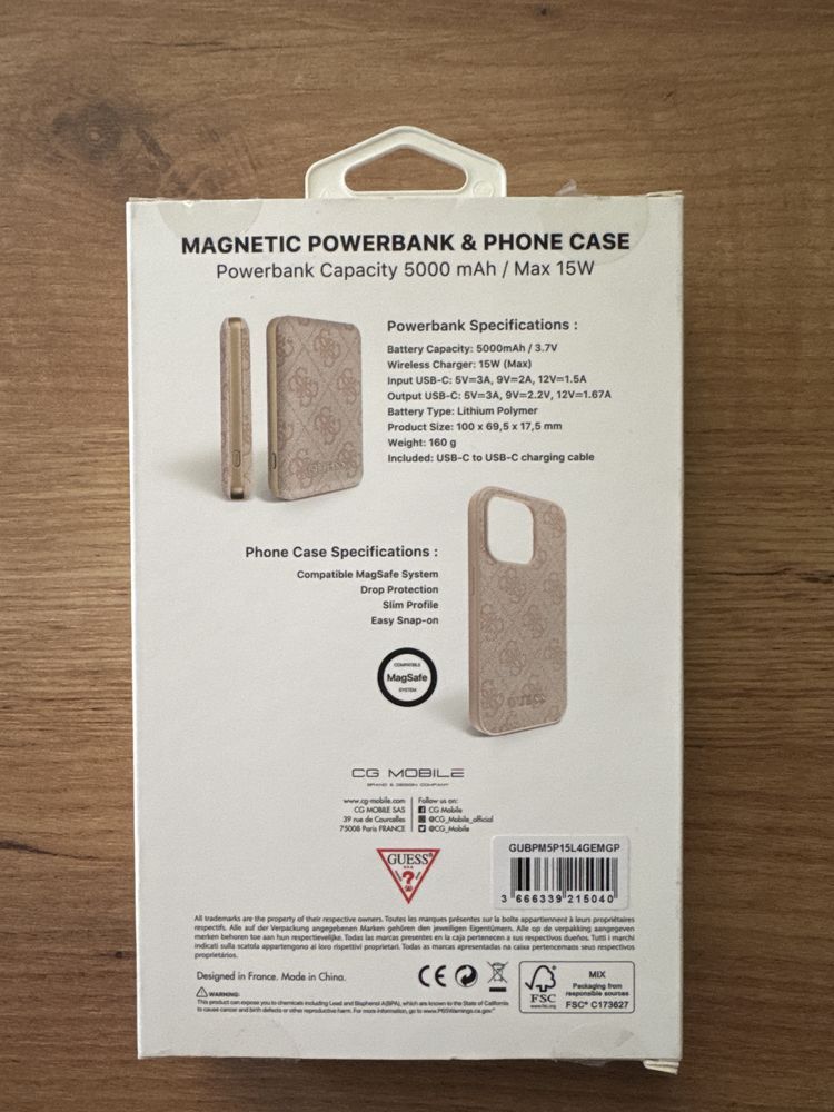 Etui na Iphone 15 pro GUESS Mag Safe różowe w zestawie z powerbankiem