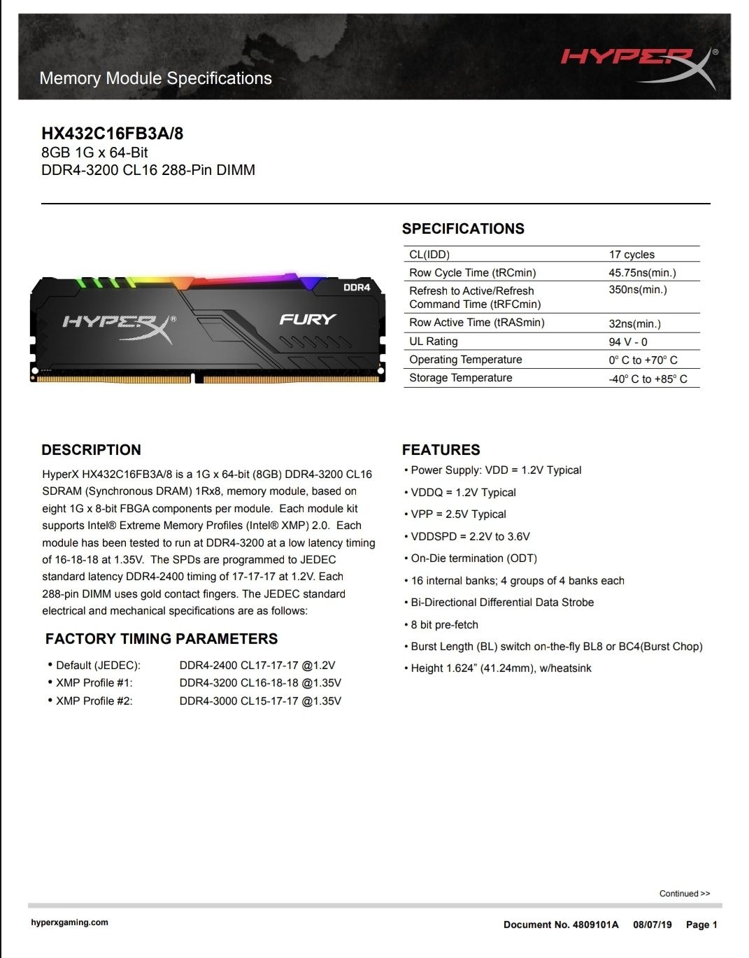 Hyper X Fury 8GB RGB DDR4 3200 MHZ