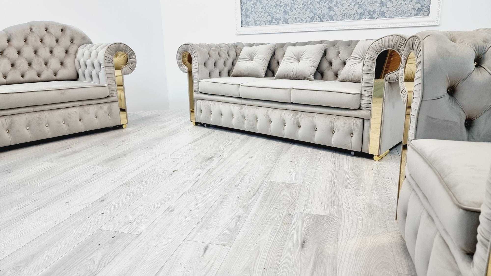 Zestaw pikowany chesterfield GLAMOUR 3os. + Szezlong + fotel PRODUCENT