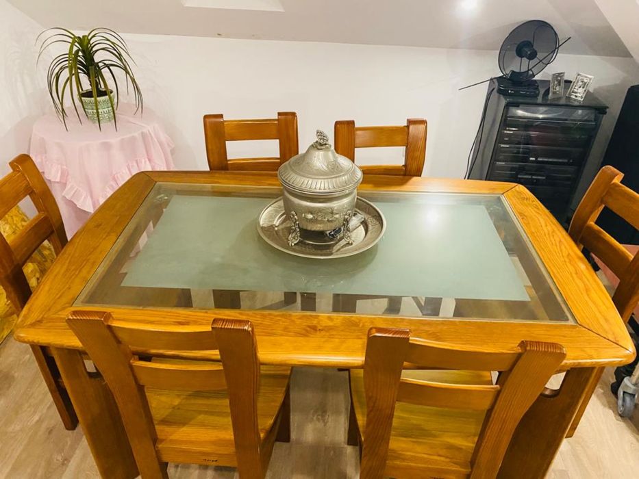 Mesa madeira Cerne Harpa+6 cadeiras