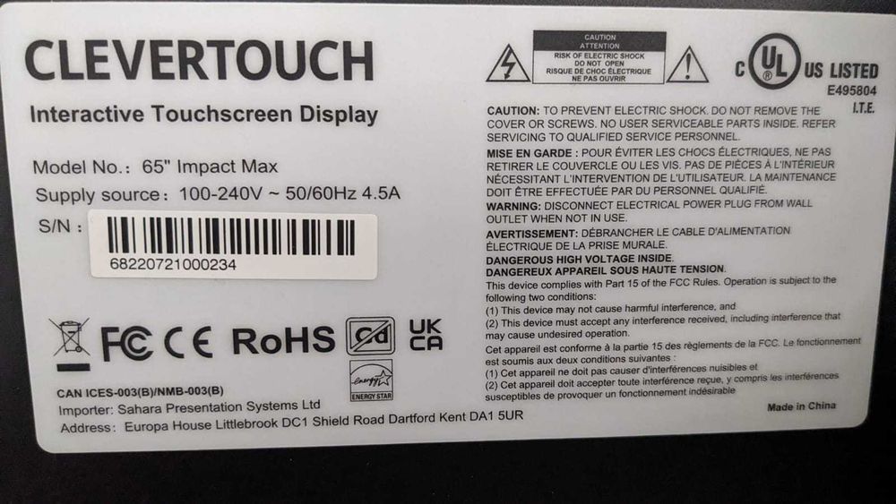 Ecrã interactivo Clevertouch de 65" p/ salas de reuniões e aulas